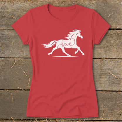 Red t-shirt with white silhouette of a horse and the word "love".