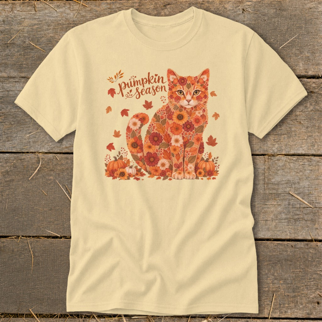 Cream t-shirt with a cat made of flowers and pumpkins, and "Pumpkin Season" text.