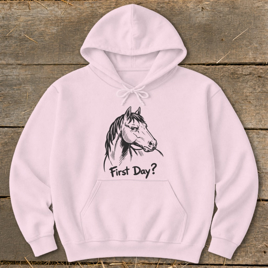 Pink hoodie with sketch of a horse and text "First Day?".