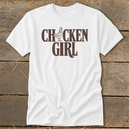 White t-shirt with "CHICKEN GIRL" text and a chicken graphic.