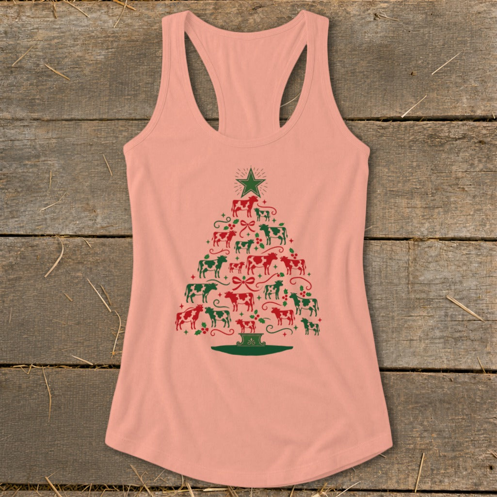 Peach tank top with a Christmas tree made of red and green cows and ornaments.