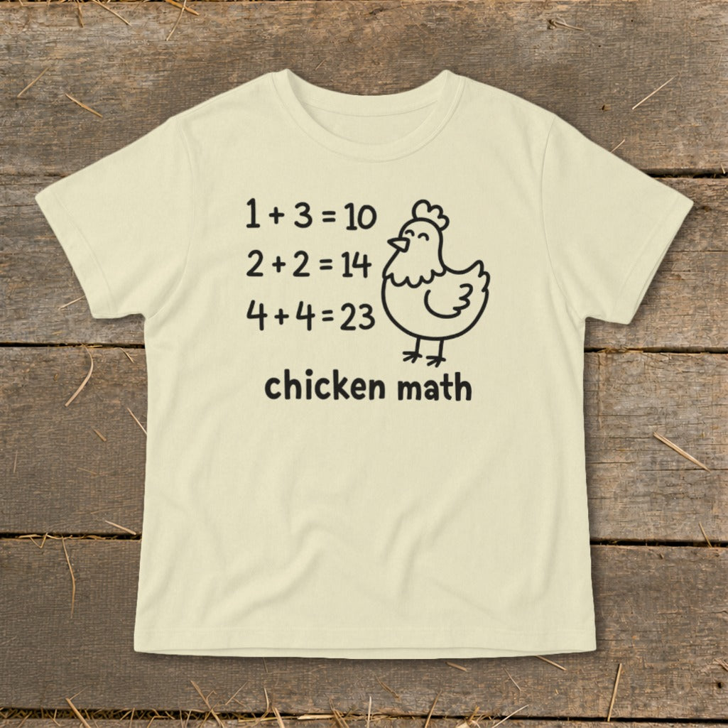 Cream t-shirt with "chicken math" graphic and incorrect math equations.