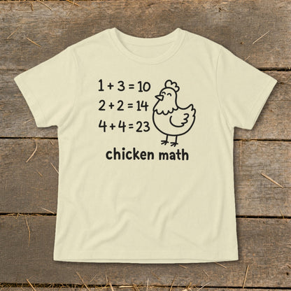 Cream t-shirt with "chicken math" graphic and incorrect math equations.
