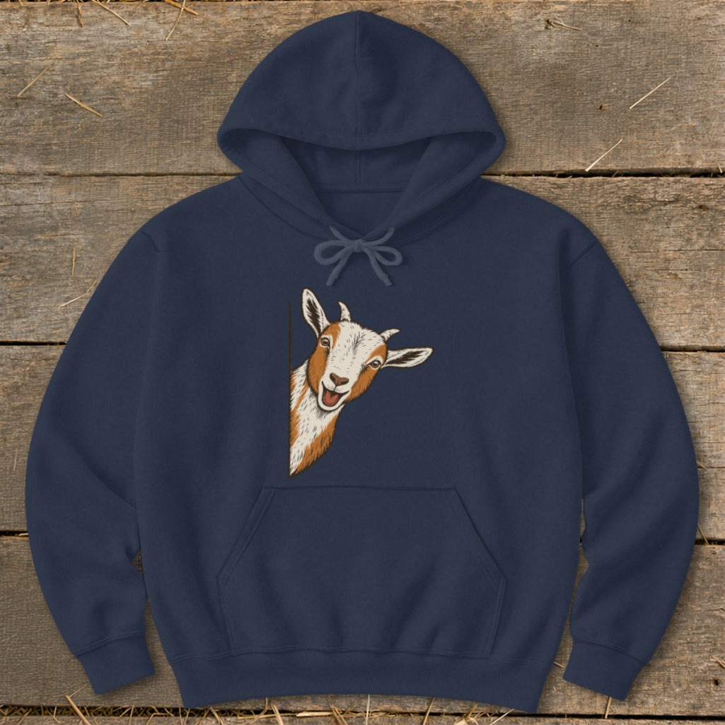 Navy hoodie with a peeking goat illustration on the chest.