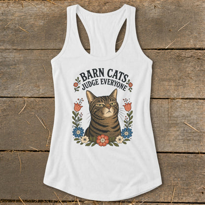 White tank top with a tabby cat and "Barn Cats Judge Everyone" text.