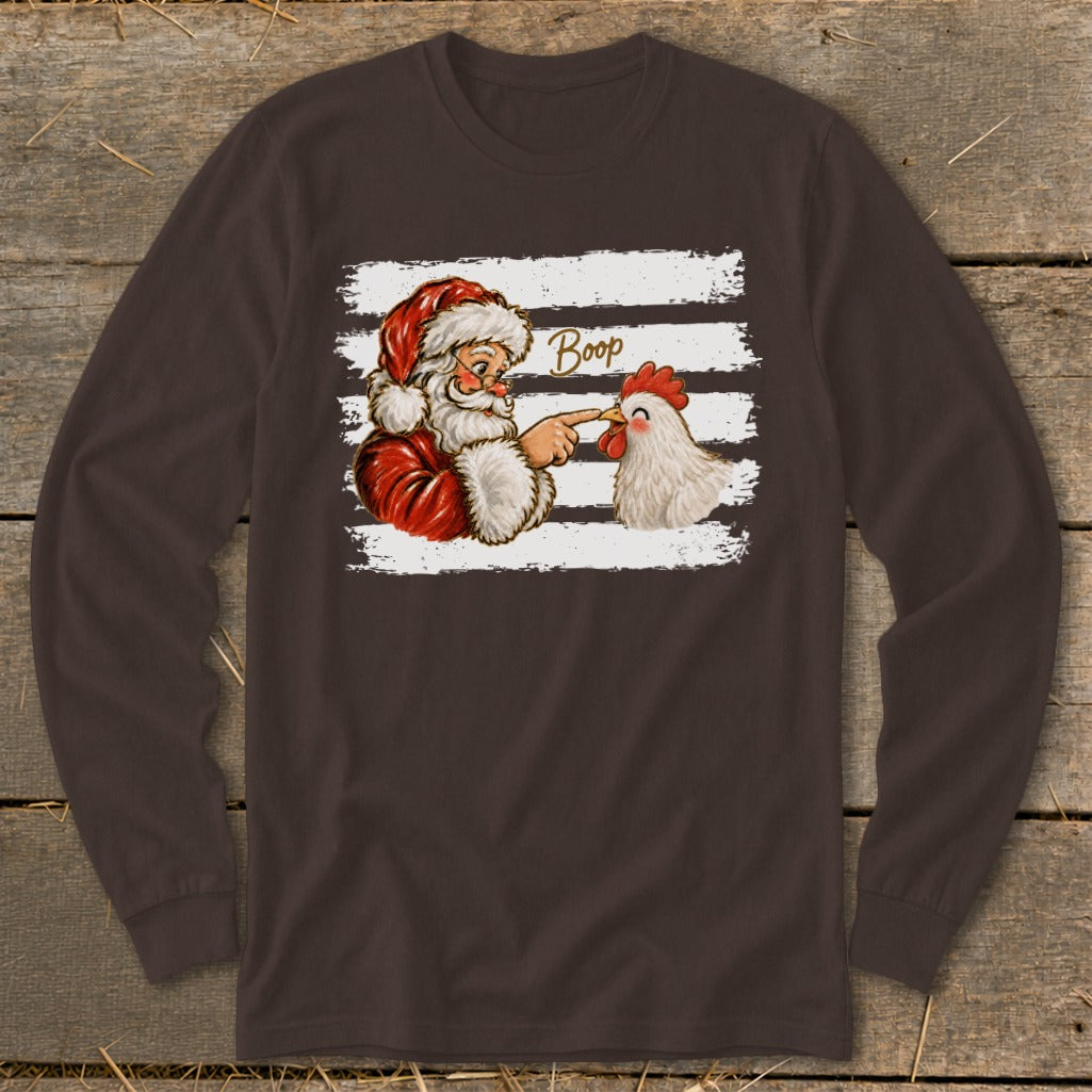 Santa booping a chicken with the word "Boop" above them.