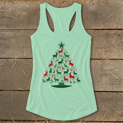 Mint green tank top with a Christmas tree made of red and green goats.