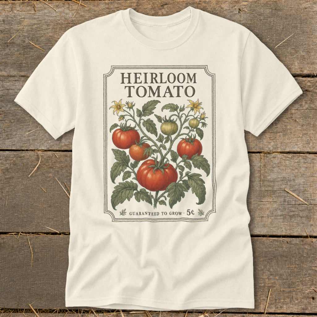 Cream t-shirt with "Heirloom Tomato" text and a vintage illustration of tomatoes.