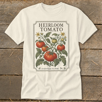 Cream t-shirt with "Heirloom Tomato" text and a vintage illustration of tomatoes.