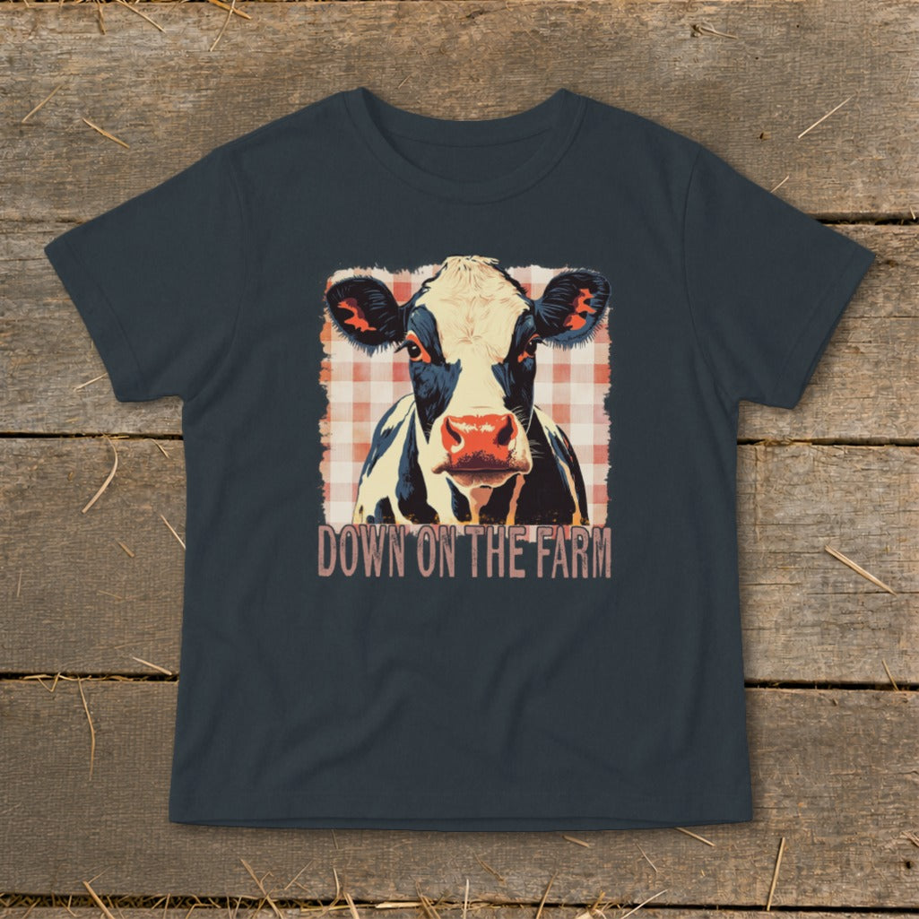 Black and white cow graphic with "DOWN ON THE FARM" text on a dark shirt.