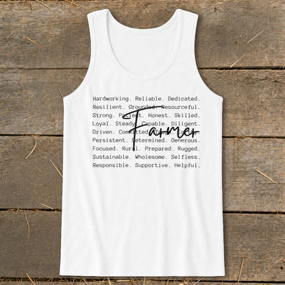 White tank top with list of farmer traits, including the word "Farmer" as a graphic.