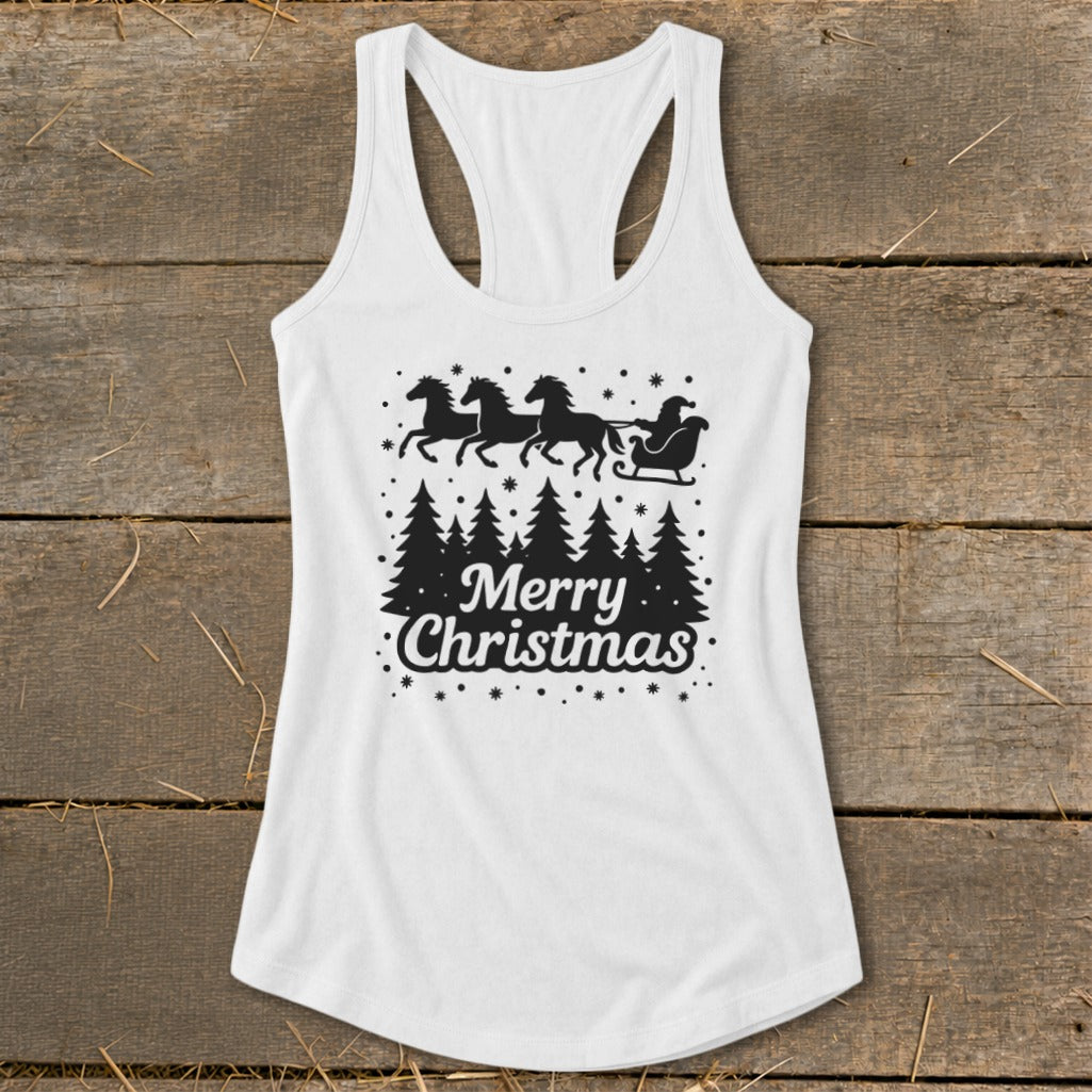 White tank top with Merry Christmas text, Santa's sleigh, and horses.