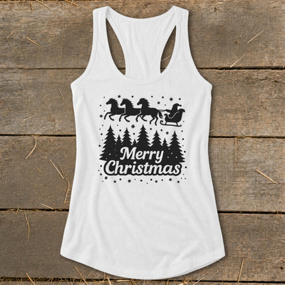 White tank top with Merry Christmas text, Santa's sleigh, and horses.