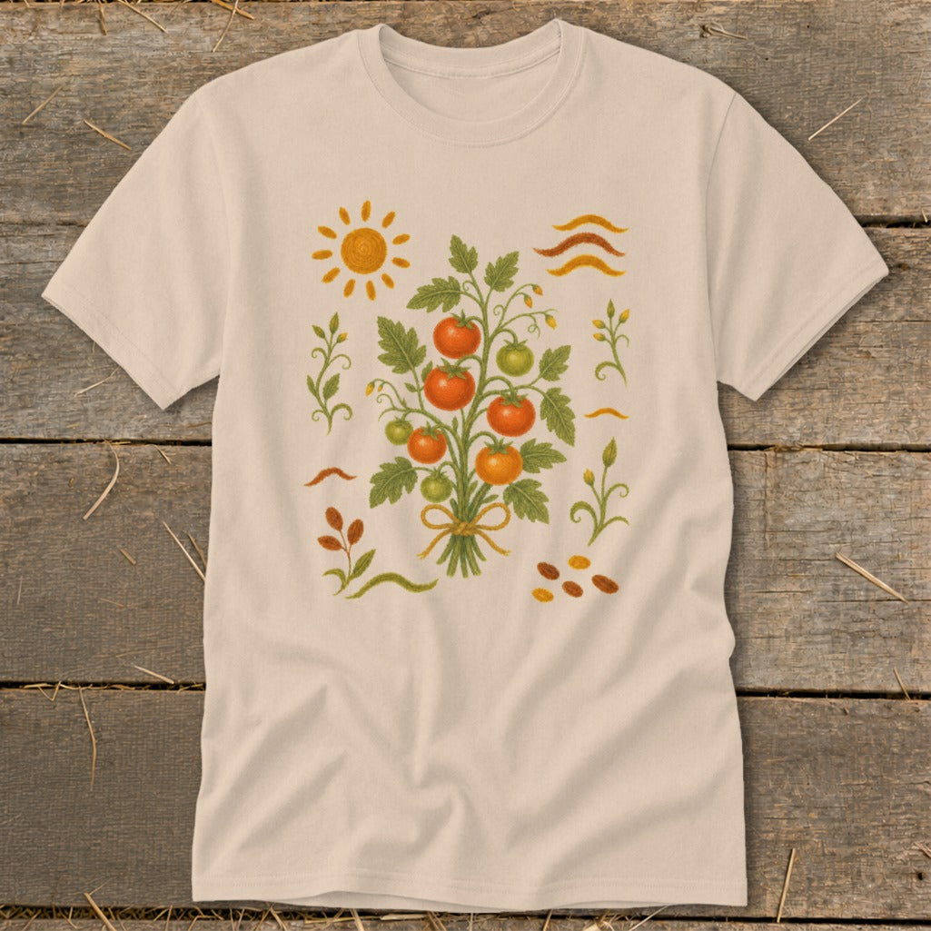 Cream t-shirt with a stylized tomato plant, sun, and wavy lines illustration.