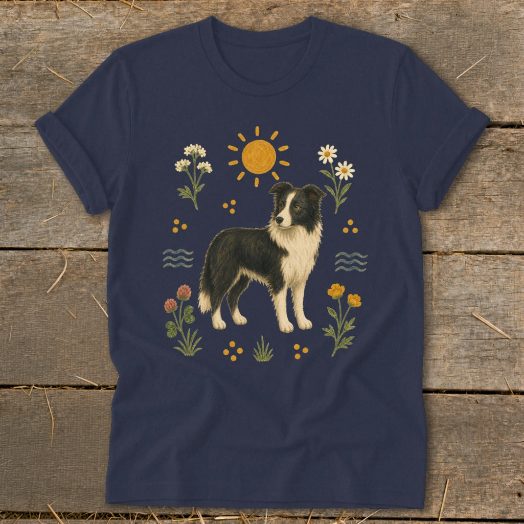 Navy t-shirt with illustration of a black and white border collie surrounded by flowers and sun.