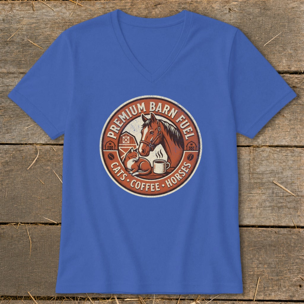 Blue t-shirt with circular graphic featuring horse, cat, and coffee cup; text: Premium Barn Fuel, Cats, Coffee, Horses.
