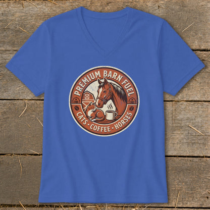Blue t-shirt with circular graphic featuring horse, cat, and coffee cup; text: Premium Barn Fuel, Cats, Coffee, Horses.