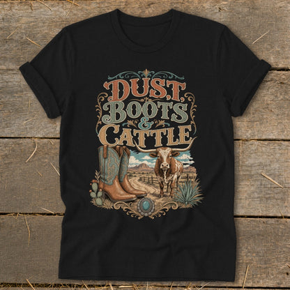 Black t-shirt with "Dust, Boots & Cattle" text, cowboy boots, and a bull.