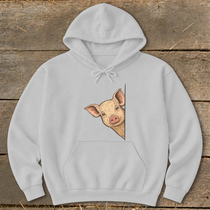 White hoodie with a drawing of a pig peeking from the side.