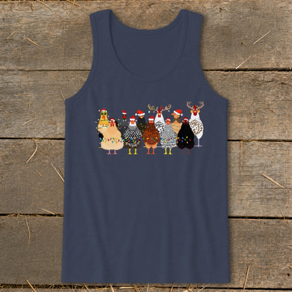 T-shirt with festive chickens wearing Santa hats and Christmas lights.