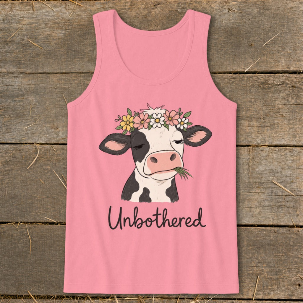 Pink tank top with cow wearing flower crown and text "Unbothered."