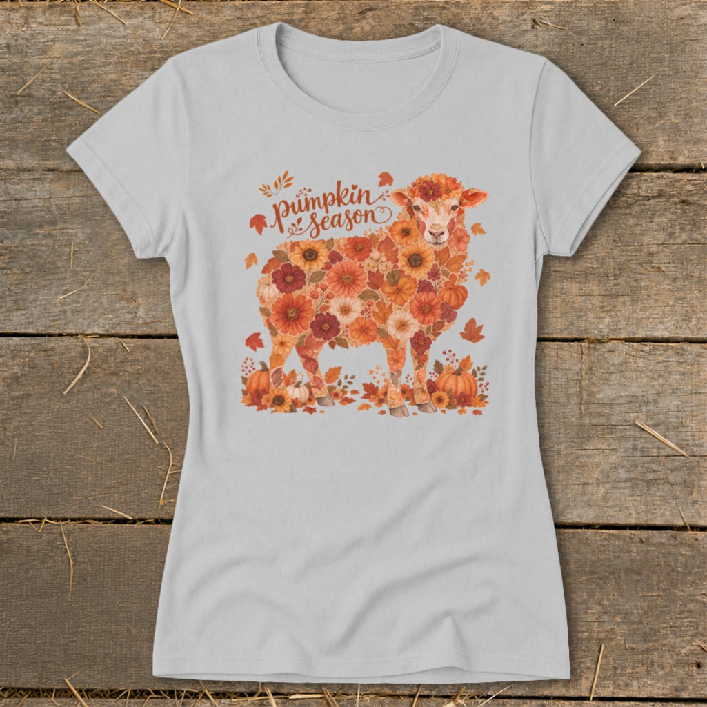Light grey t-shirt with a sheep made of fall flowers and pumpkins.