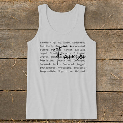 Gray tank top with "Farmer" and associated descriptive words printed in black.