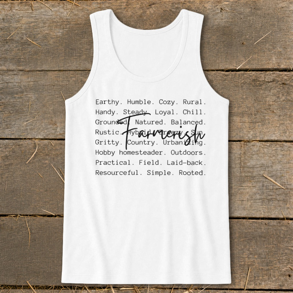 White tank top with "Farmer" and descriptive words like "Earthy" and "Rustic"