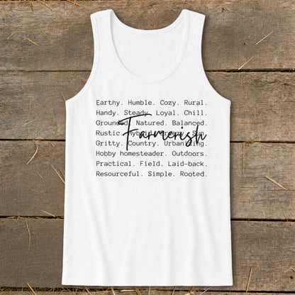 White tank top with "Farmer" and descriptive words like "Earthy" and "Rustic"