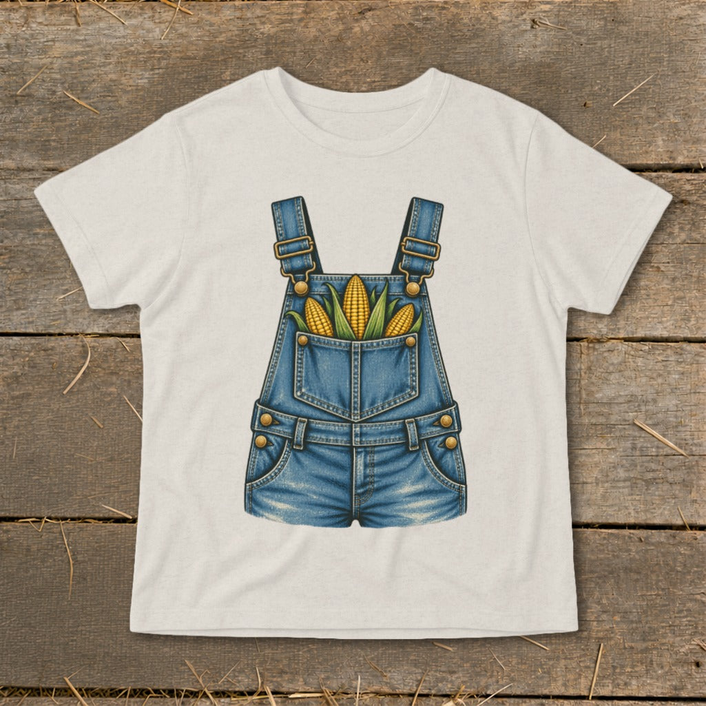 Light cream t-shirt with denim overalls graphic featuring three ears of corn.