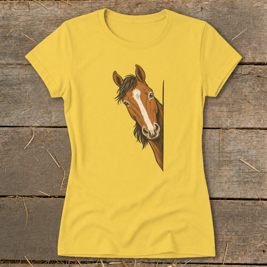 Yellow t-shirt with a brown horse peeking from the side.