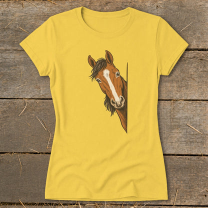 Yellow t-shirt with a brown horse peeking from the side.