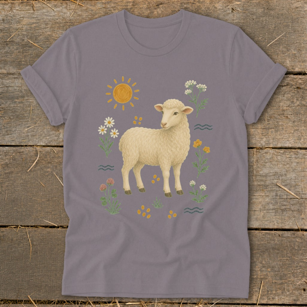 Gray t-shirt with a cream sheep illustration surrounded by flowers and sun.