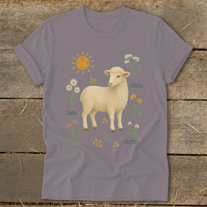 Gray t-shirt with a cream sheep illustration surrounded by flowers and sun.