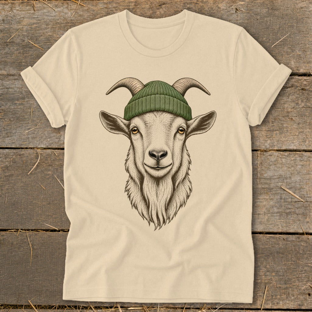 Cream t-shirt with illustration of a goat wearing a green beanie