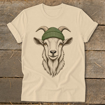 Cream t-shirt with illustration of a goat wearing a green beanie