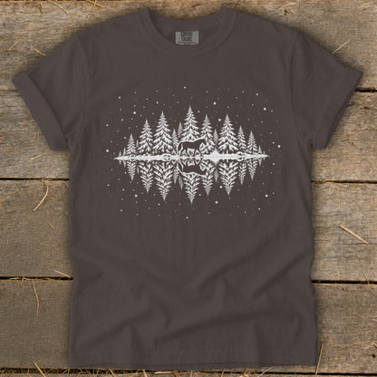 Dark grey t-shirt with white graphic of a horse and trees reflected in water.