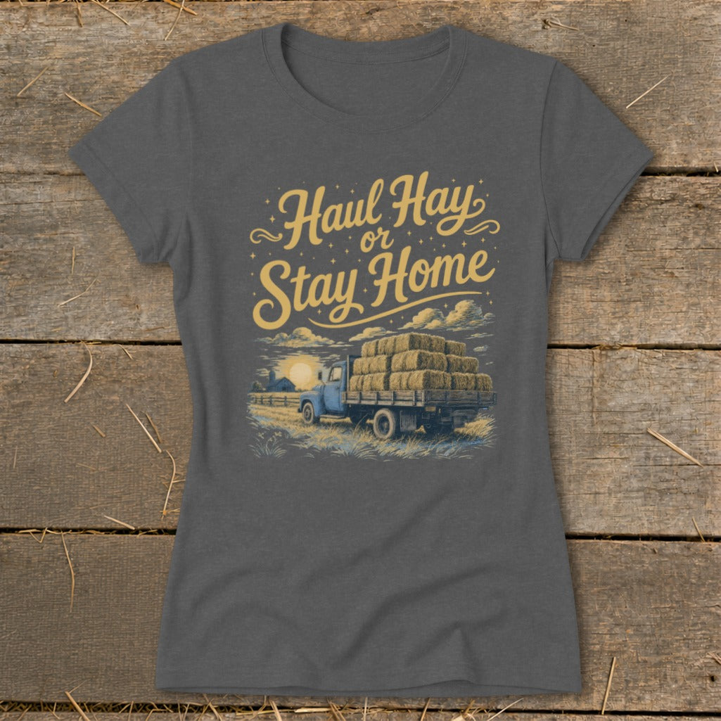 T-shirt graphic with text "Haul Hay or Stay Home" and a vintage truck hauling hay bales.