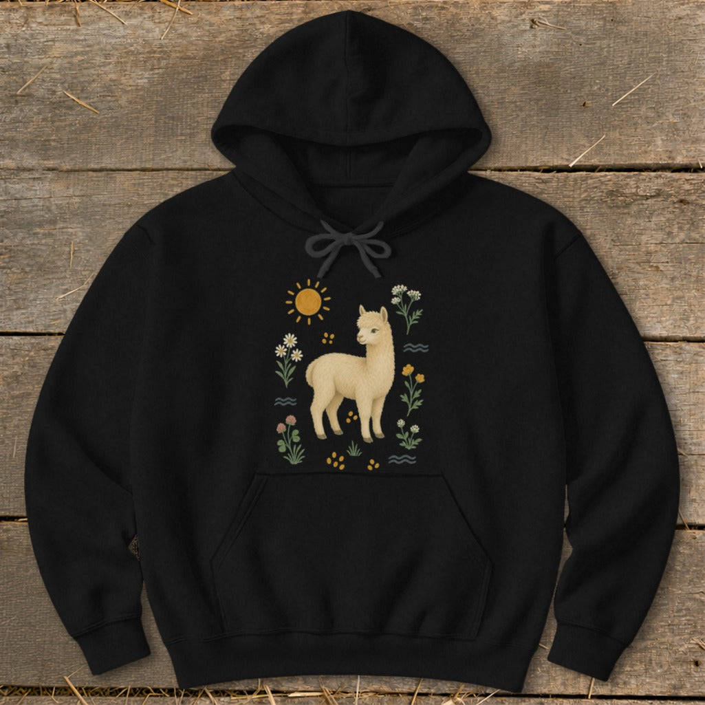 Black hoodie with cream alpaca and floral sun graphic.