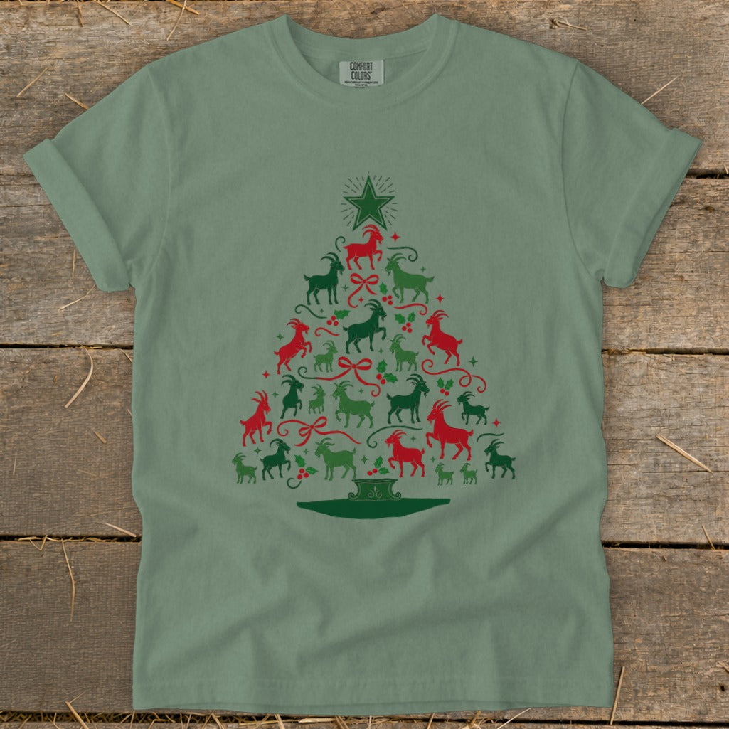 Green t-shirt with a Christmas tree made of red and green goats.