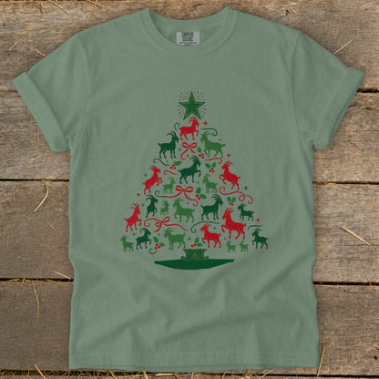 Green t-shirt with a Christmas tree made of red and green goats.