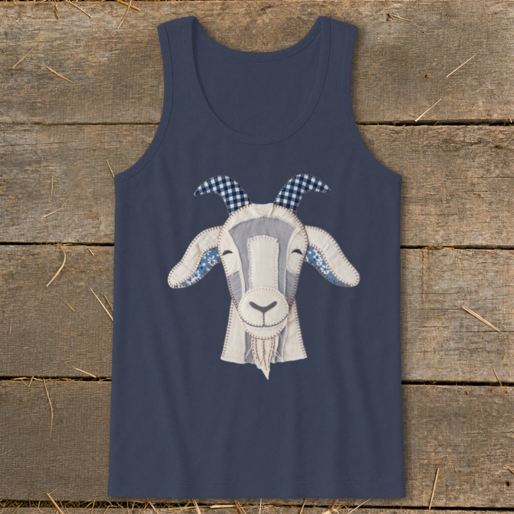 Navy tank top with a white stitched goat applique featuring blue plaid horns and ear accents.