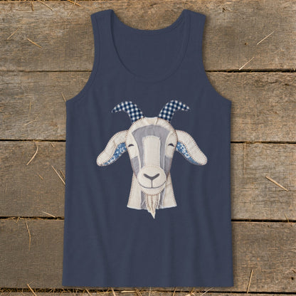 Navy tank top with a white stitched goat applique featuring blue plaid horns and ear accents.