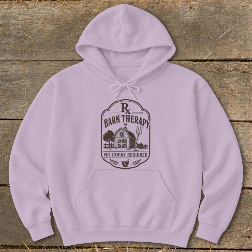 Lilac hoodie with "Barn Therapy" and "No Copay Required" graphic.