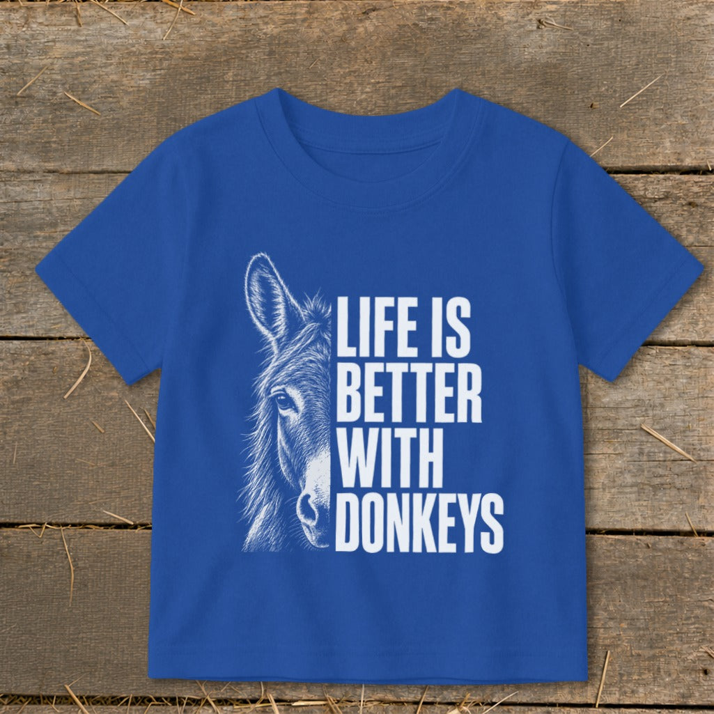 Blue t-shirt with donkey illustration and text "Life is Better With Donkeys".