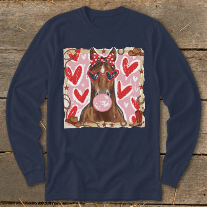 Horse wearing heart sunglasses and bandana blows pink bubblegum surrounded by Valentine's hearts.