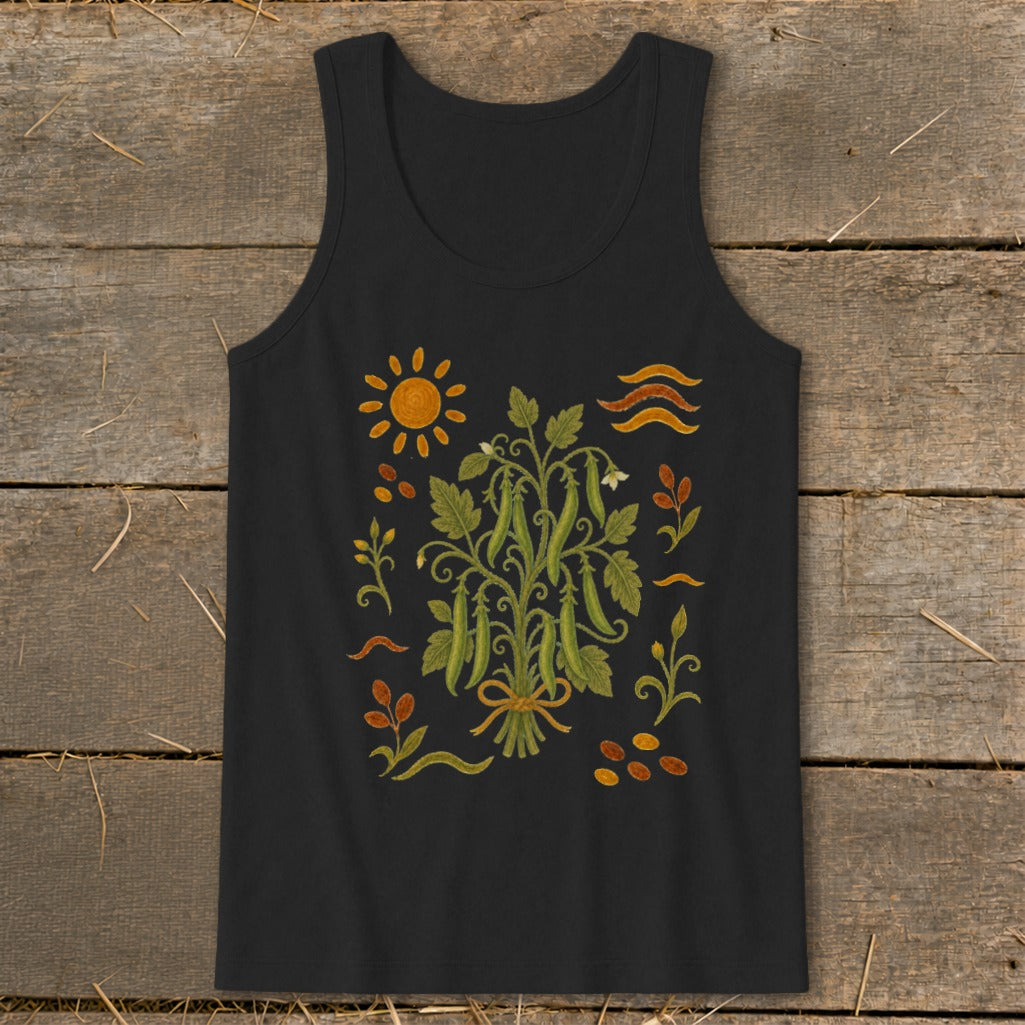 Black tank top with a botanical illustration of pea pods, sun, and decorative elements.