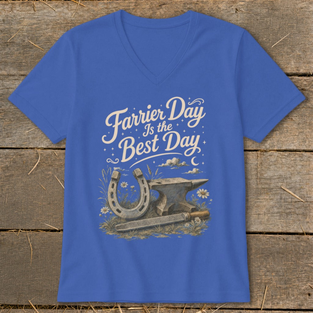 Royal blue v-neck t-shirt with "Farrier Day Is the Best Day" text and anvil.