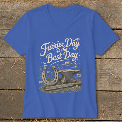 Royal blue v-neck t-shirt with "Farrier Day Is the Best Day" text and anvil.