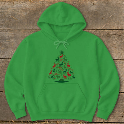Green hoodie with a Christmas tree made of red and green goats and bows.